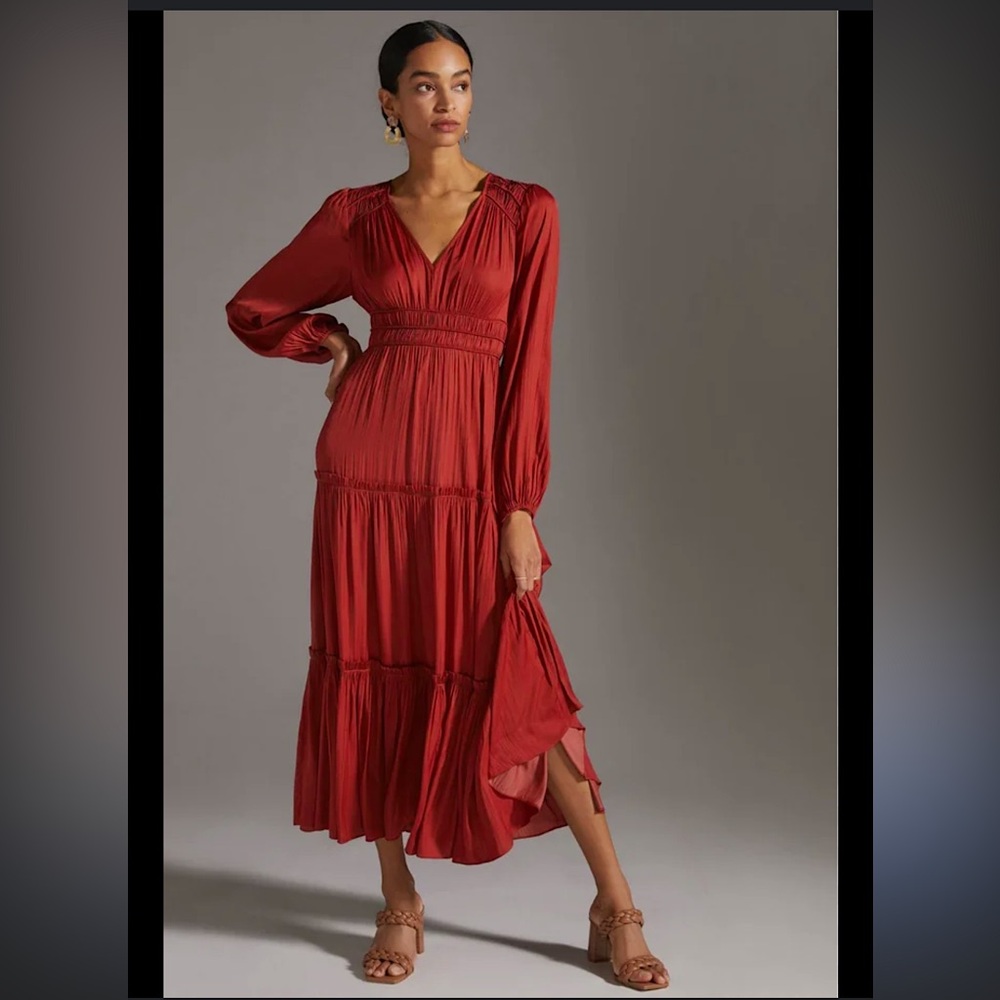 Anthropologie - NWT - V-Neck Tiered Maxi Dress - Terracotta/Red/Rust - size M